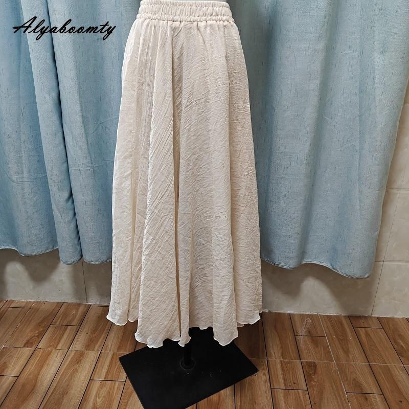 Korean Style Spring Summer Women Solid Basic Skirt Elastic Waist Simple Cotton Linen Skirt Elegant Feminine Ladies' Chic Skirt