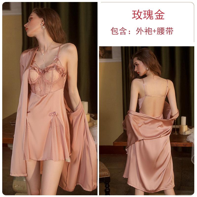Women's Sheer Solid Cami Sleep Dress with Robe Lounge Wear Set