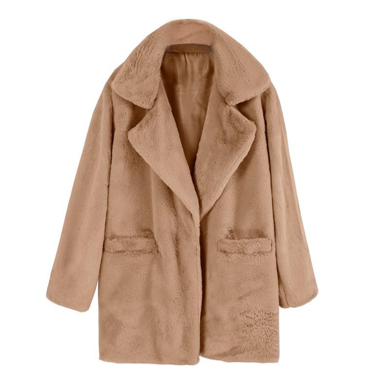 Womens Faux Fur Coat Plush Lapel Slim Fit Mid-Length Jacket Office Commute
