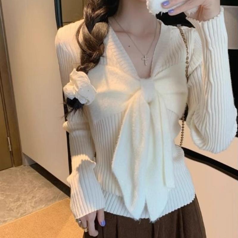 Women's Autumn & Winter Korean Style White Long Sleeve Knit Base Layer Sweet Spicy Girl Bow Sweater Slim-Fit Inner Wear Short Top