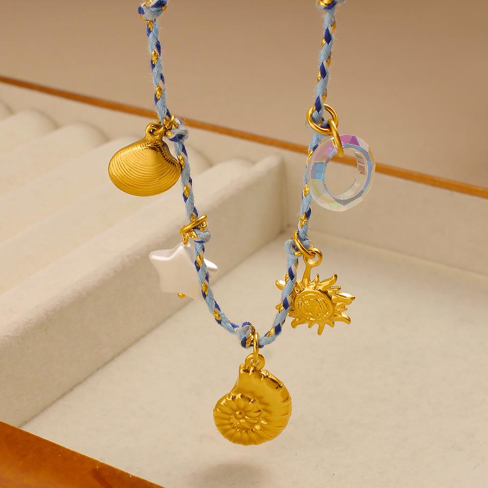 French Retro Pearl & Seashell Pendant Necklace - 18K Gold Titanium Steel Pull Cord Design