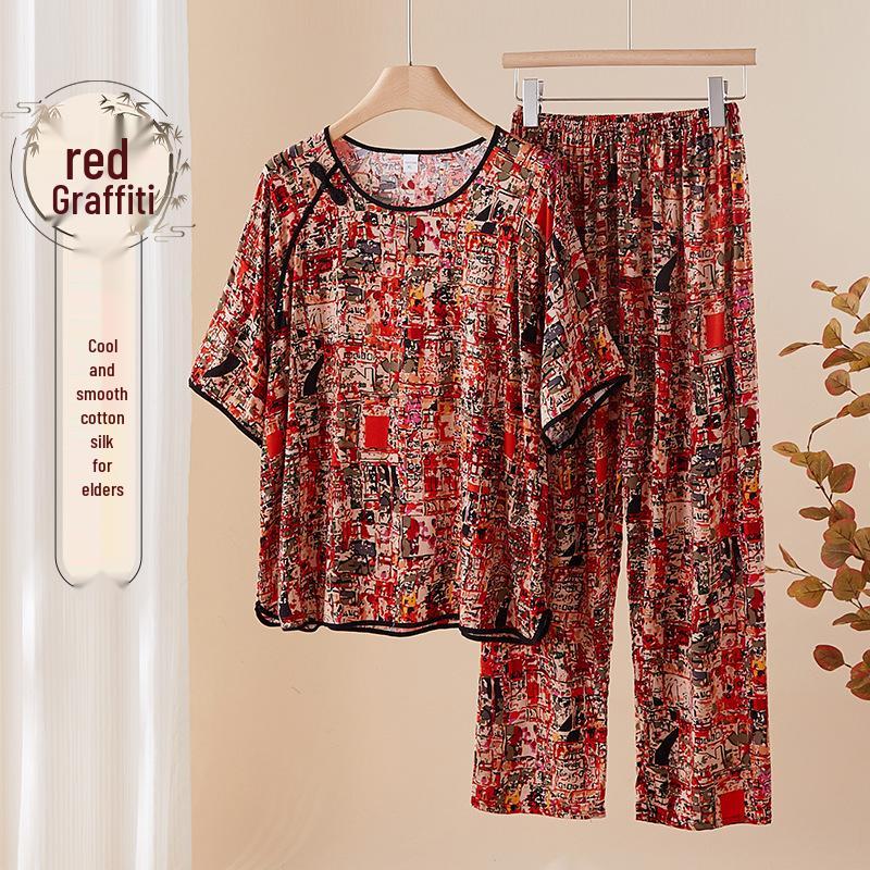 

Chinese Style Cotton Silk Pajamas for Middle-Aged and Elderly Women, Mid-Sleeve Top & Long Pants Homewear Set 2XL (105-120 jin)