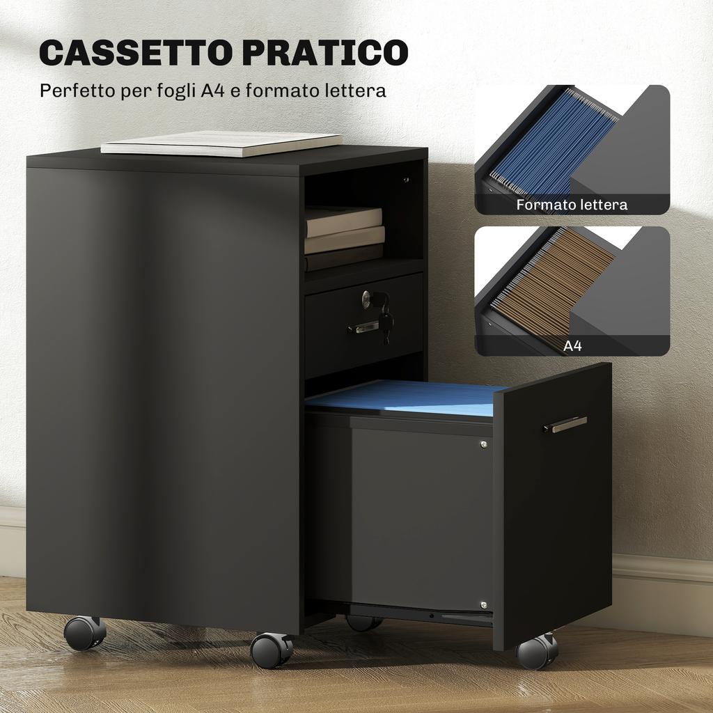Lockable Two-Drawer Filing Cabinet, with Wheels - Black