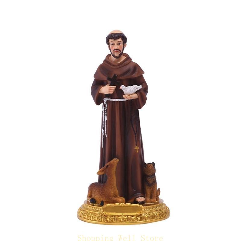 Hand-Painted Saint Francis Statue Catholic Religious Decoration Francis Figurine with Bird Cross Sculpture Collection