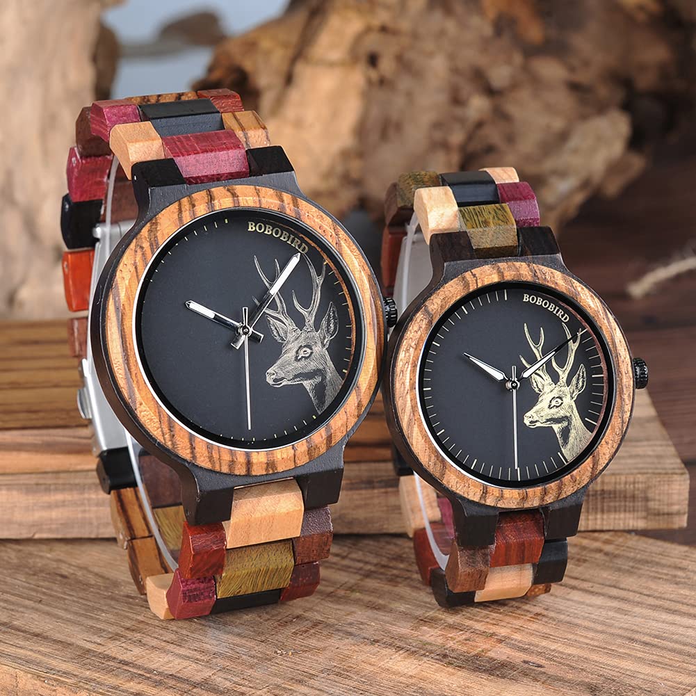 BOBO BIRD Montre Paire Montre Couple Montre en Bois Analogique Quartz Japonais Index Lumineux Léger Coloré Boîte Cadeau en Bois Incluse Motif Cerf Homme
