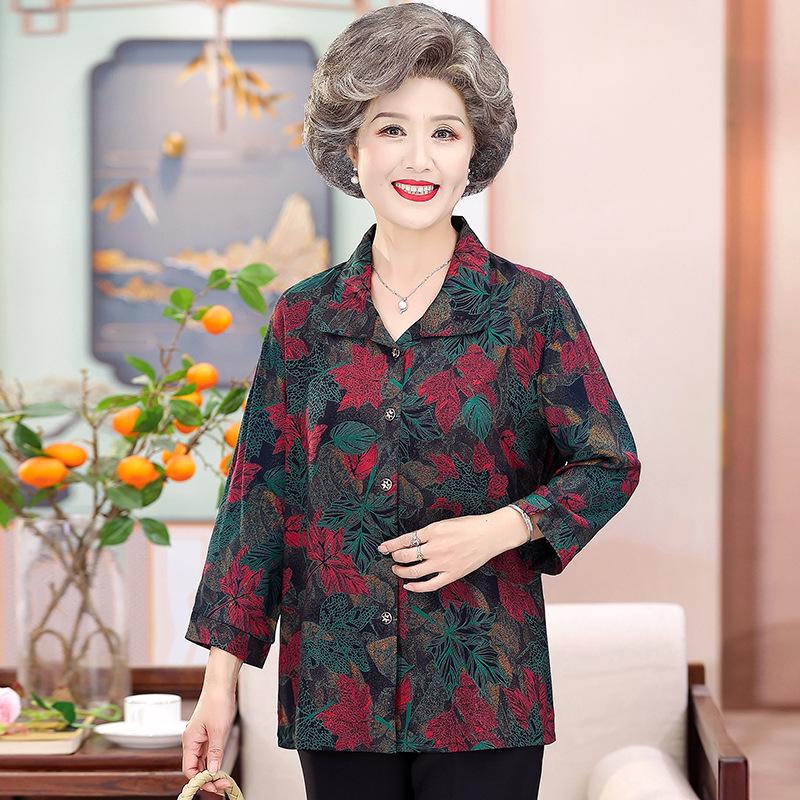 

2026 Grandma Summer 3/4 Sleeve Cotton Print Shirt for Middle-Aged & Elderly Women, Plus-Size Lapel Design 2XL (110-120 jin)