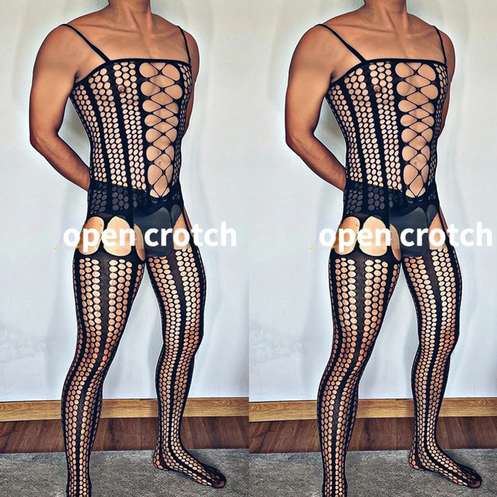 Crotchless Bodystocking Black Man Gay Transparent Net Clothes Sexy Lingerie Bodysuit One Piece Stockings Erotic Sissy Costumes