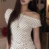 Retro Beige Black Polka Dot Slim-Fit Short-Sleeved Sexy Skew Collar Off-Shoulder T-Shirt Summer Korean Style Fashion Casual Top