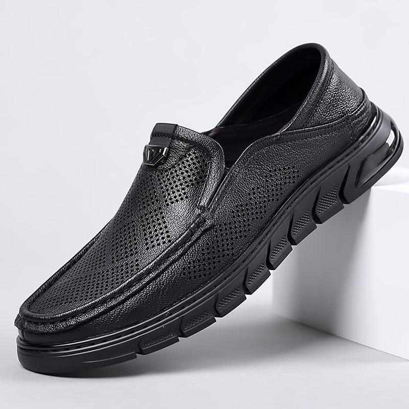 Men's shoes with one foot on the new sheepskin hollowed-out leather shoes for men's summer breathable and versatile soft-soled men's casual loafers f