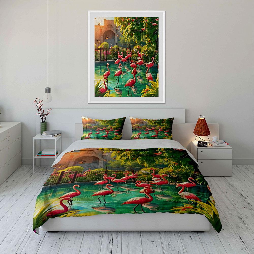 Tropical Flamingo Landscape Decoration Set Soft Comfortable Duvet Cover Bedding Set Included 1*Duvet Cover & 2*Pillowcases,Gift