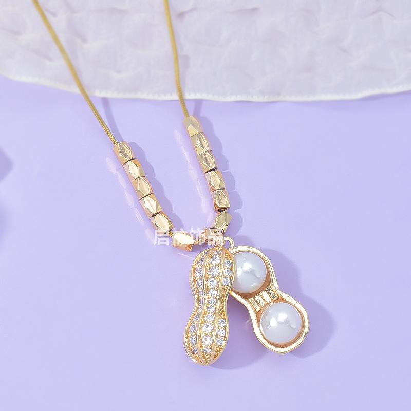 Lucky Peanut Necklace Women'S Chinese Style Retro Trend Versatile Zircon Pearl Pendant Jewelry