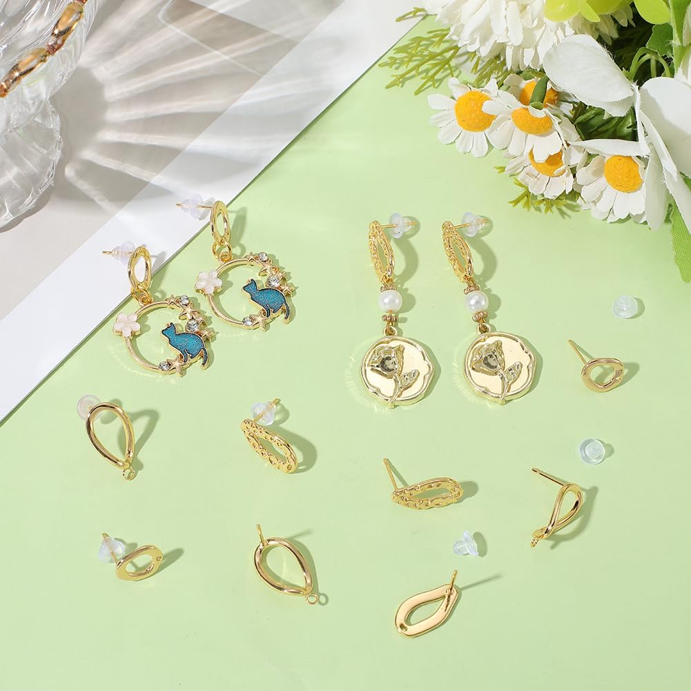 Beebeecraft 18Pcs 3 Styles Gold Circle Earring Post Blank Earring Studs with Backs Loop Hollow Round Real 18K Gold Plated Brass Dangle Ear Findings