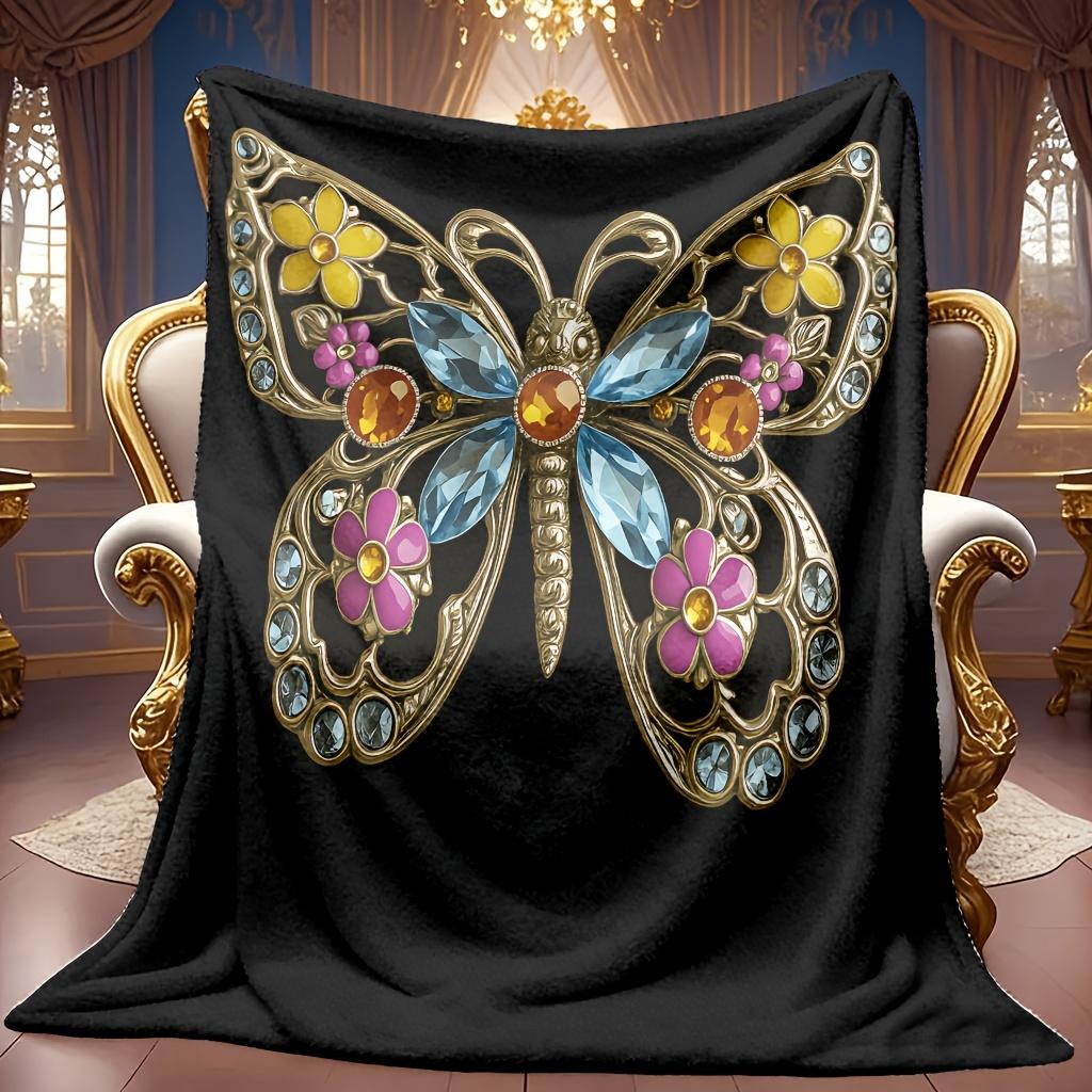 Comfortable Butterfly Theme Pattern Flannel Blanket Soft High-Definition Digital Print Black Base with Golden Trim Dreamy Butterfly Design Cooling Bla