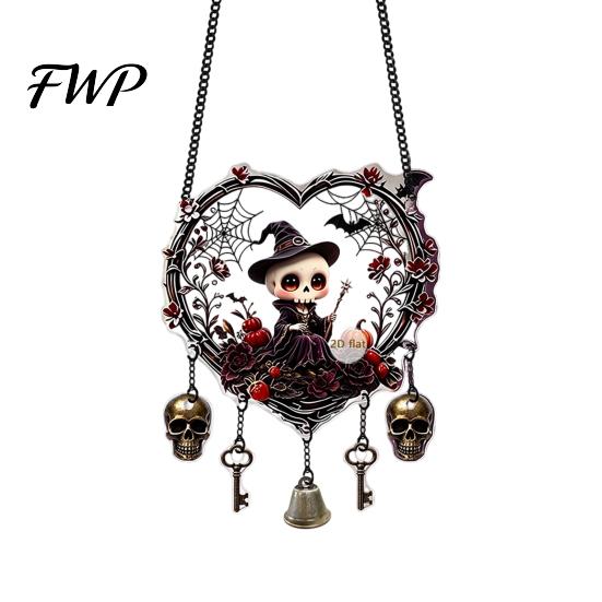 Halloween Wall Hangings Acrylic Love Heart Wreath Ornament, Cartoon Owl Ghost Witch Festive Hanging Decoration Skeleton Decor, Party Pendant with Bell