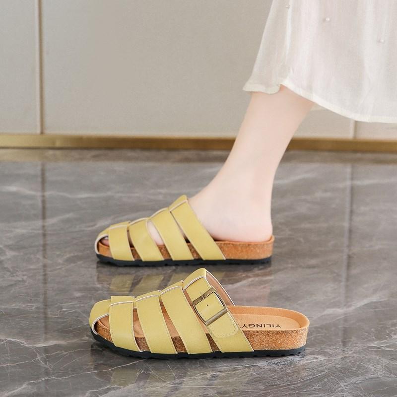2025 Summer Thick Bottom Soft Sole Retro Style Pure Color Women's Slippers Comfortable Casual Large Size Slip-On Shoes
