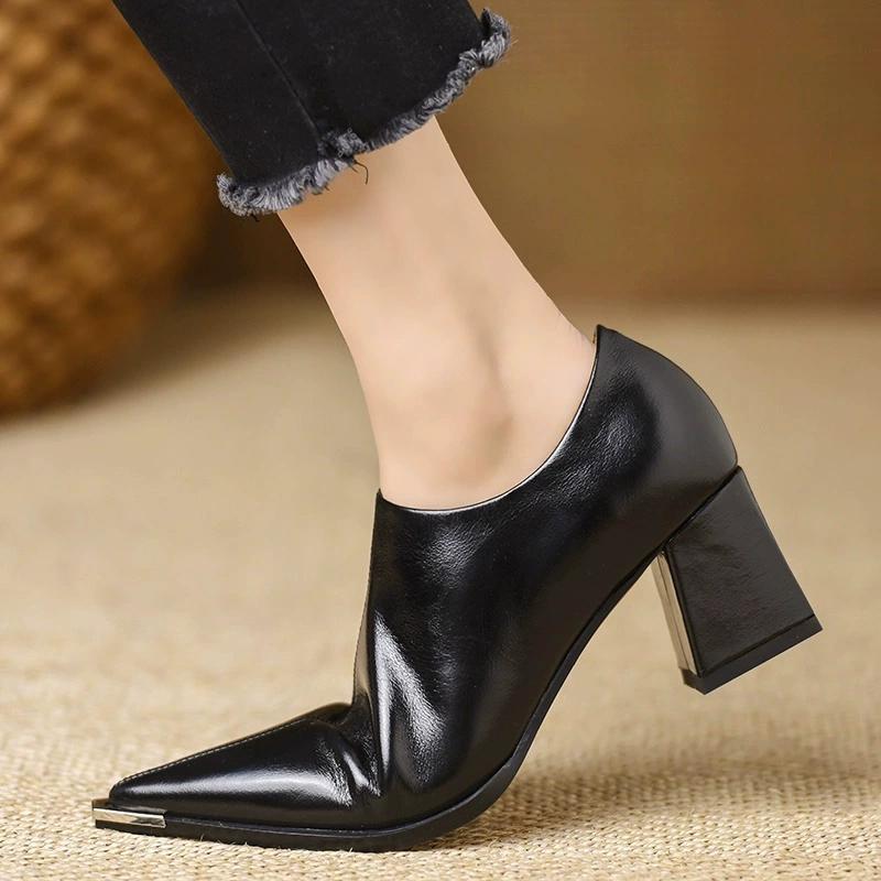 French Temperament All-match Comfortable Side Zipper British Style Retro Leather Shoes Pointed Deep-mouthed Thick-heeled Shoes