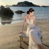 Seaside Vacation White Hollow Suspender Dress, Beautiful and Unique Gentle Temperament Waist Backless Word Long Dress