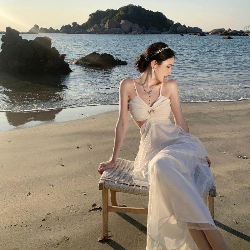 Seaside Vacation White Hollow Suspender Dress, Beautiful and Unique Gentle Temperament Waist Backless Word Long Dress