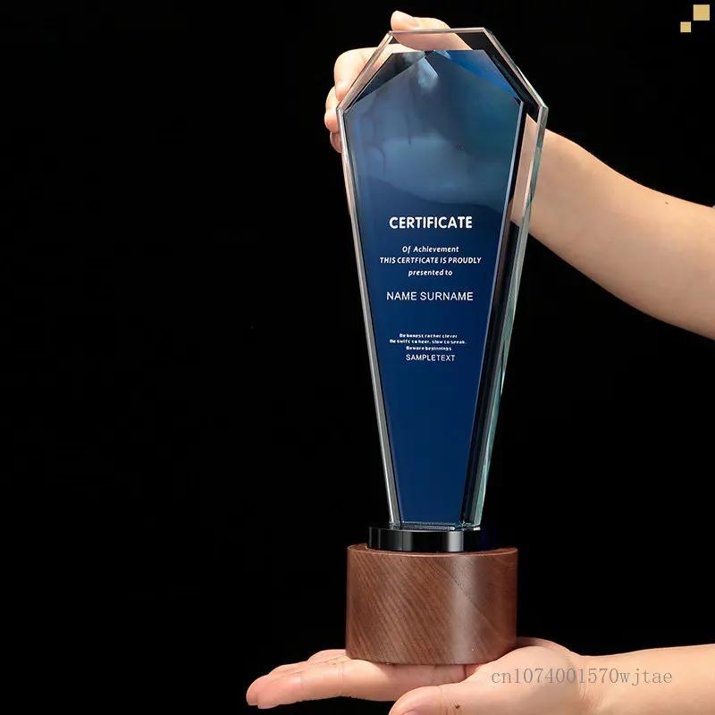 Customized Crystal Trophy, with Wooden Base, Creative Souvenir, Engraved, Award Honor Gifts, Commemorative, Home Decoration, 1Pc