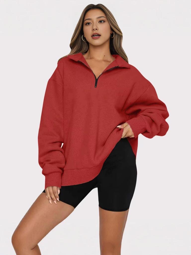 Women's Half-Zip Fleece-Lined Sweatshirt: European and American Autumn/Winter Casual Long Sleeve Top
