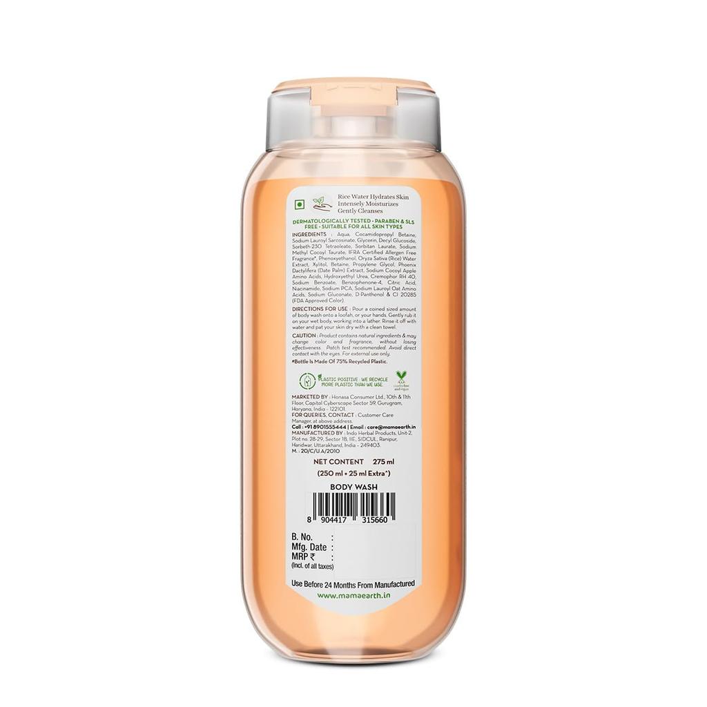 Mamaearth Gel de duș hidratant cu apă de orez 275 ml Pachet de 1 | Parfum hidratant de crin pentru o piele de sticlă luminoasă