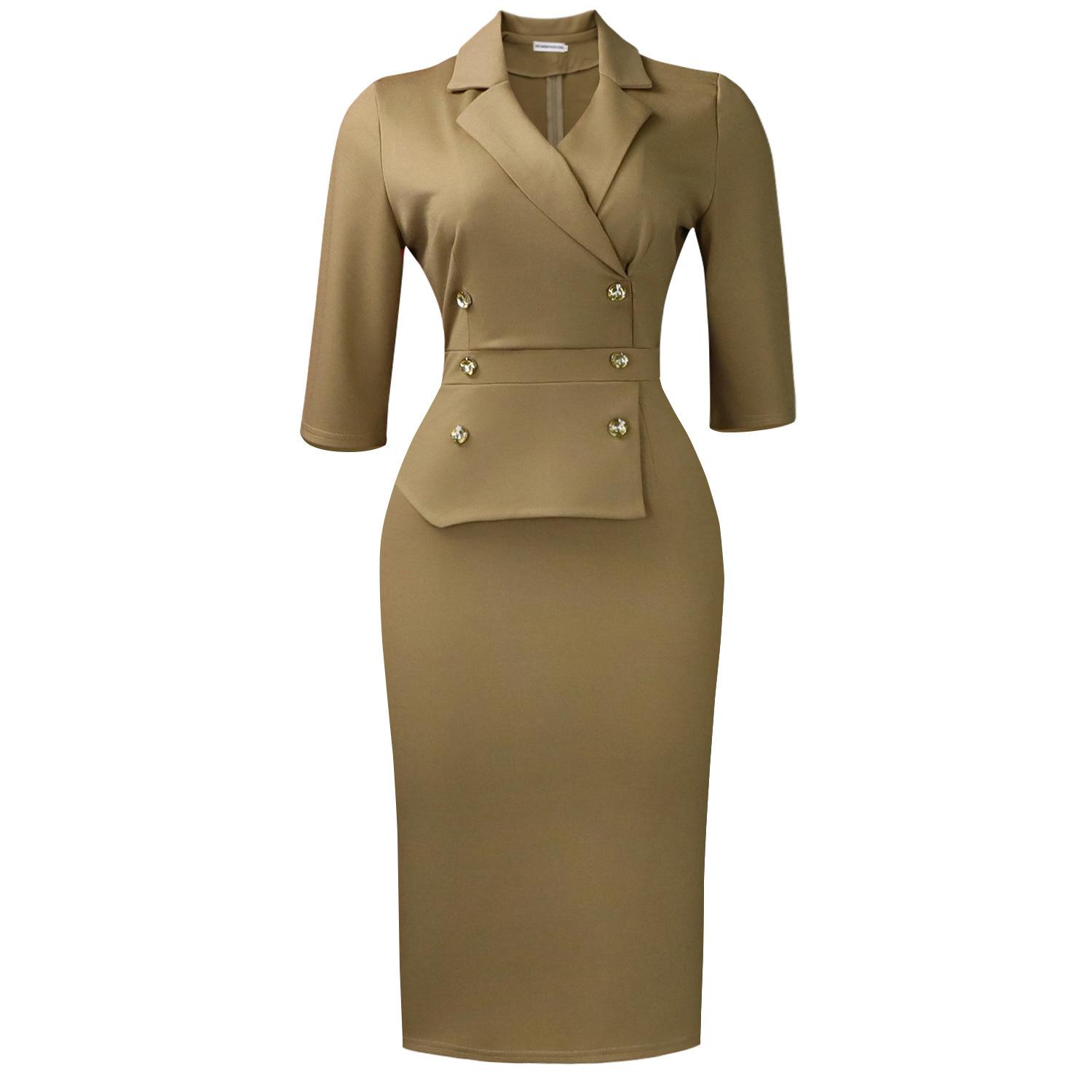 

Spring Elegant Suit Collar Double-breasted Hip Wrap Suit Collar High Waist Five-quarter Sleeve Large Size Dress XXXL темного кольору хакі