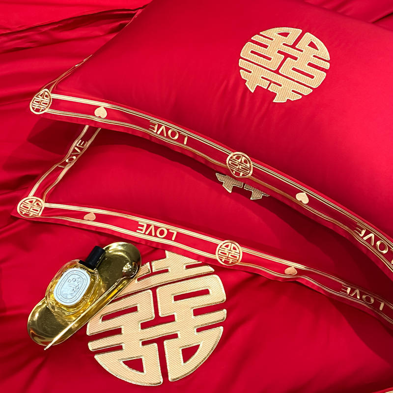 Vierteiliges Set mit Hochzeitsstickerei, rote Hochzeitsbettwäsche, Hochzeitsbettbezug, Bettwäsche, Bettwäsche für das Brautpaar, sechsteiliges Set für das Hochzeitsbett