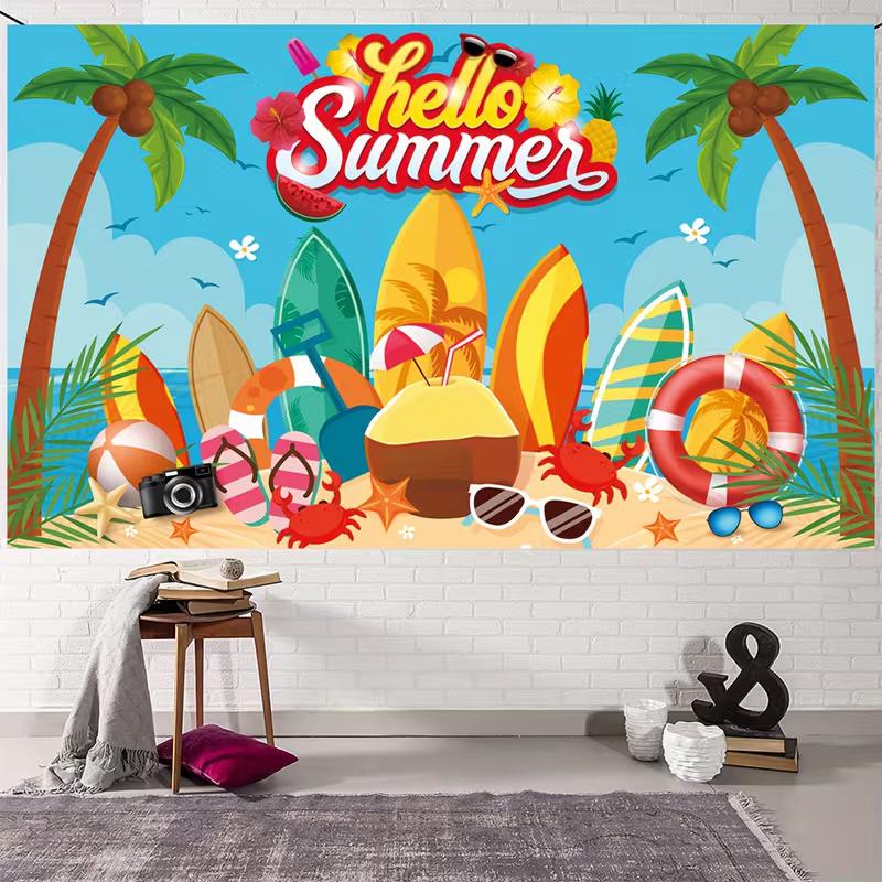 2D Summer Beach Backdrop, Hello Summer Surfboard Palm Tree Photo Booth Banner