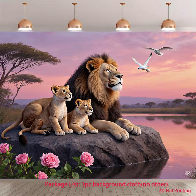 

2D Wild Lion Family by Waterhole Live Stream Background Cloth for Vlog 47.2x31.5inch/120*80cm