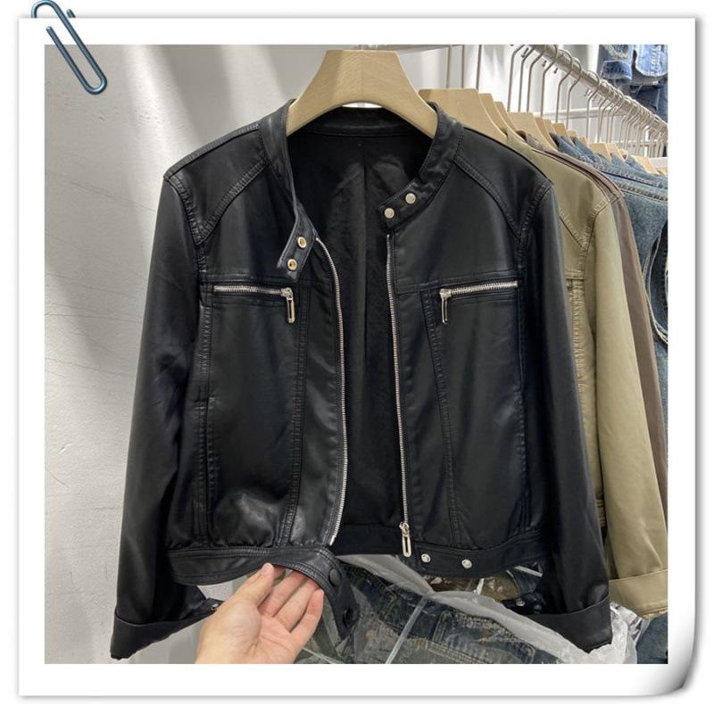 Leather Jacket Women's Autumn Clothing New Small Stand-up Collar Trendy Cool Foreign Style Niche Short Washed Locomotive Leather Jacket Trendy