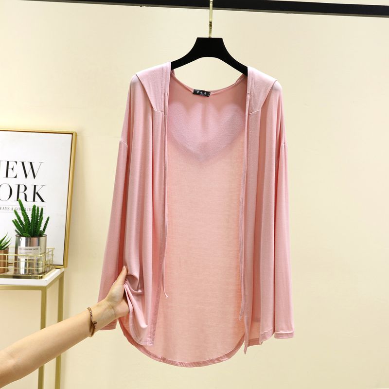 Long Sleeves Modal Hooded Cardigan Women's Thin Loose Outer Wear Sun Protection Top Plus Size Loose Pure Color Casual Outwear