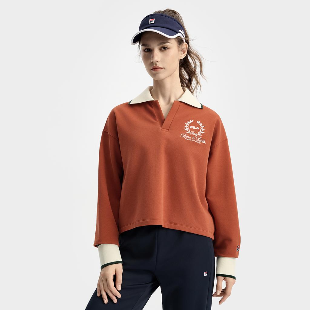 Fila Tennis Casual Classic Versatile Polo Neck Pullover Sweatshirt Women Sweatshirt Autumn-Red Brown A11W533209FBN