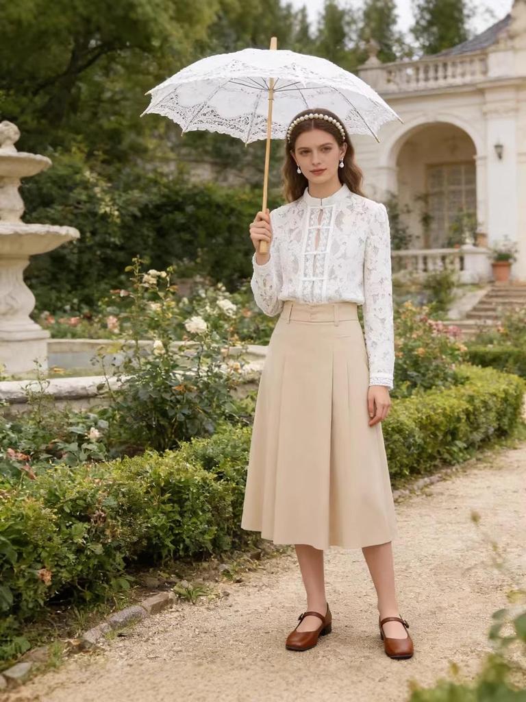 European & American Style Frog Button Lace Crochet Stand Collar Women's Shirt
