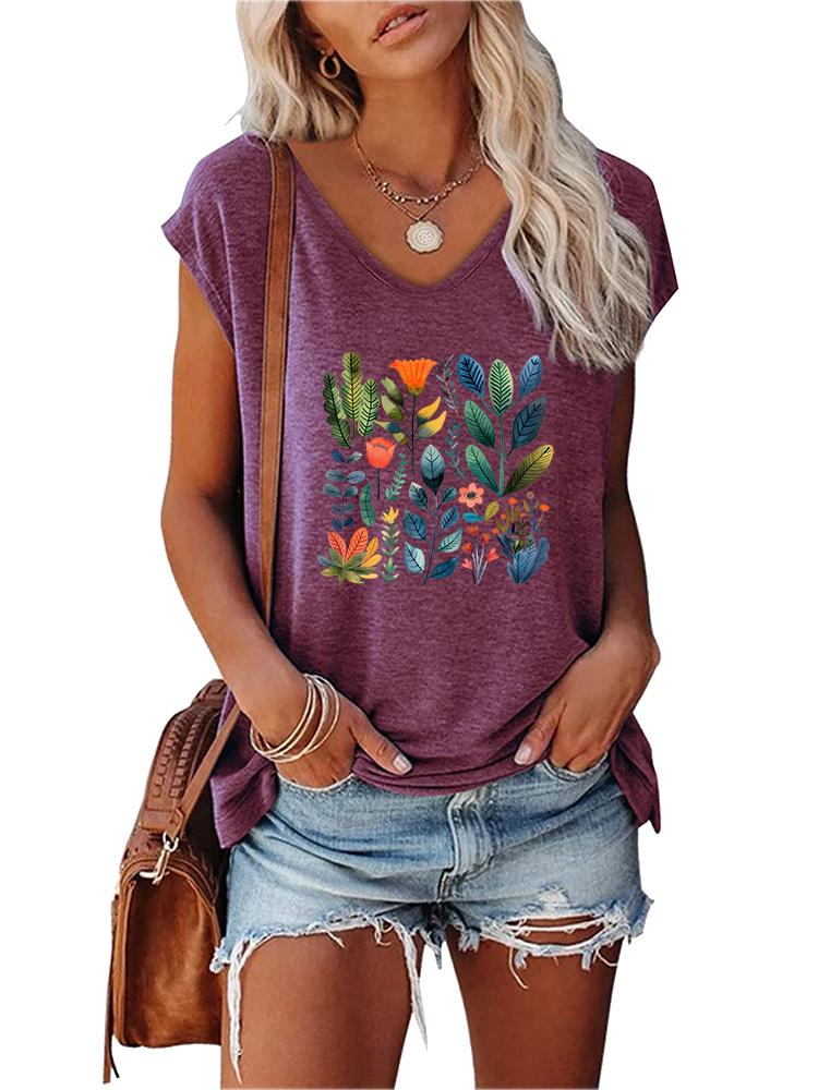 Women Fashion V Collar Short Sleeve Top Summer Casual Print T-shirt