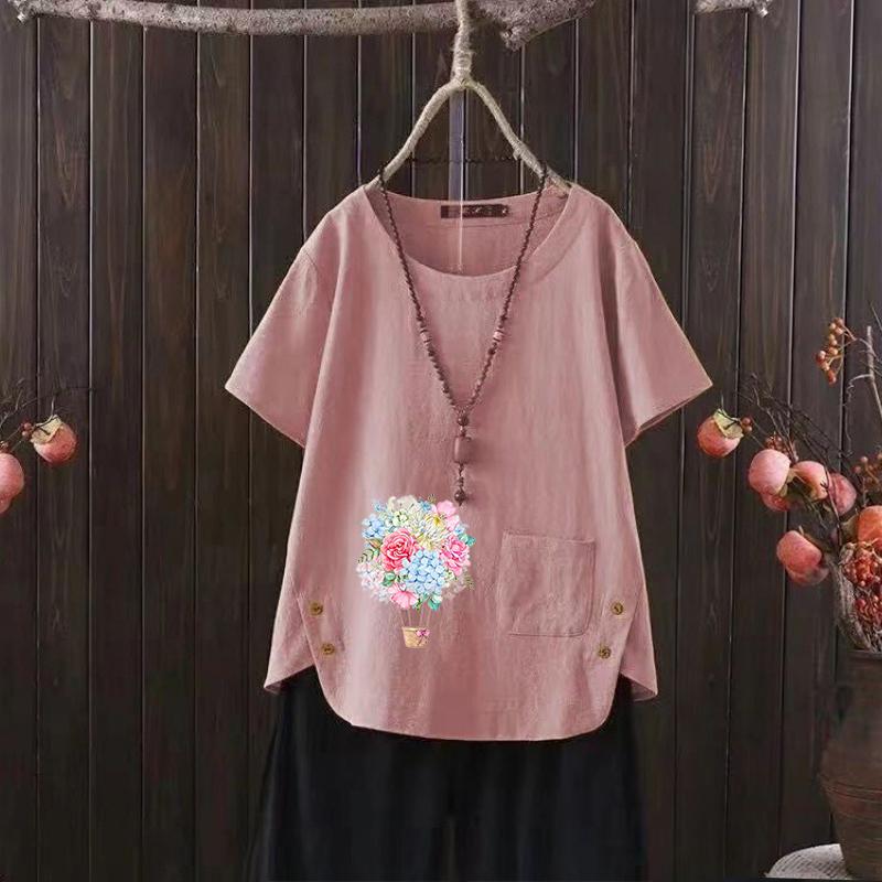 

Летний концертный льняной топ, женская футболка с винтажным графическим принтом, круглый вырез горловины с художественным принтом, размер S-4XL 4XL розовый