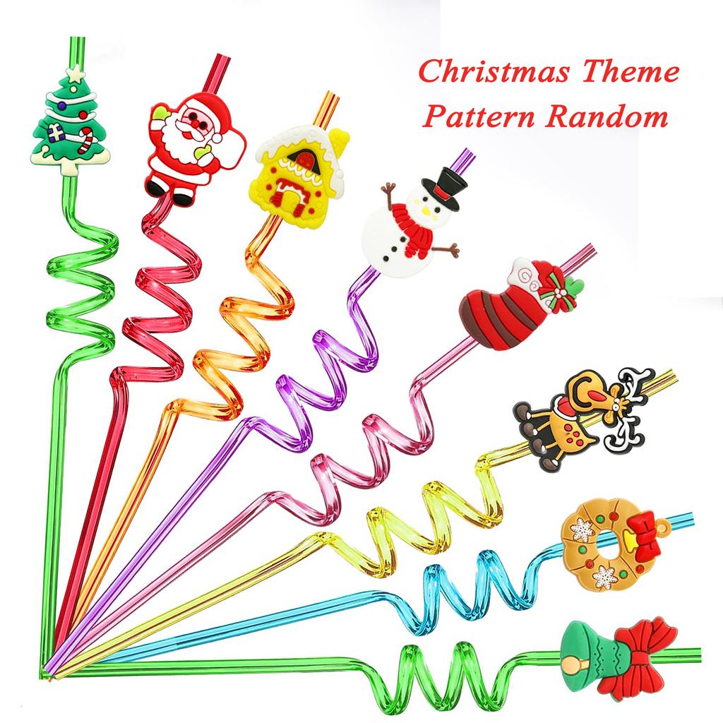 6/12pcs Christmas Reusable Drinking Straws Party Favors Straws with Santa Claus Snowman Elk Bells Christmas Party Gifts for Kids