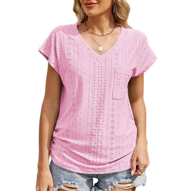 Women's Spring/summer Solid Color V-neck Pocket Short-sleeved T-shirt Top