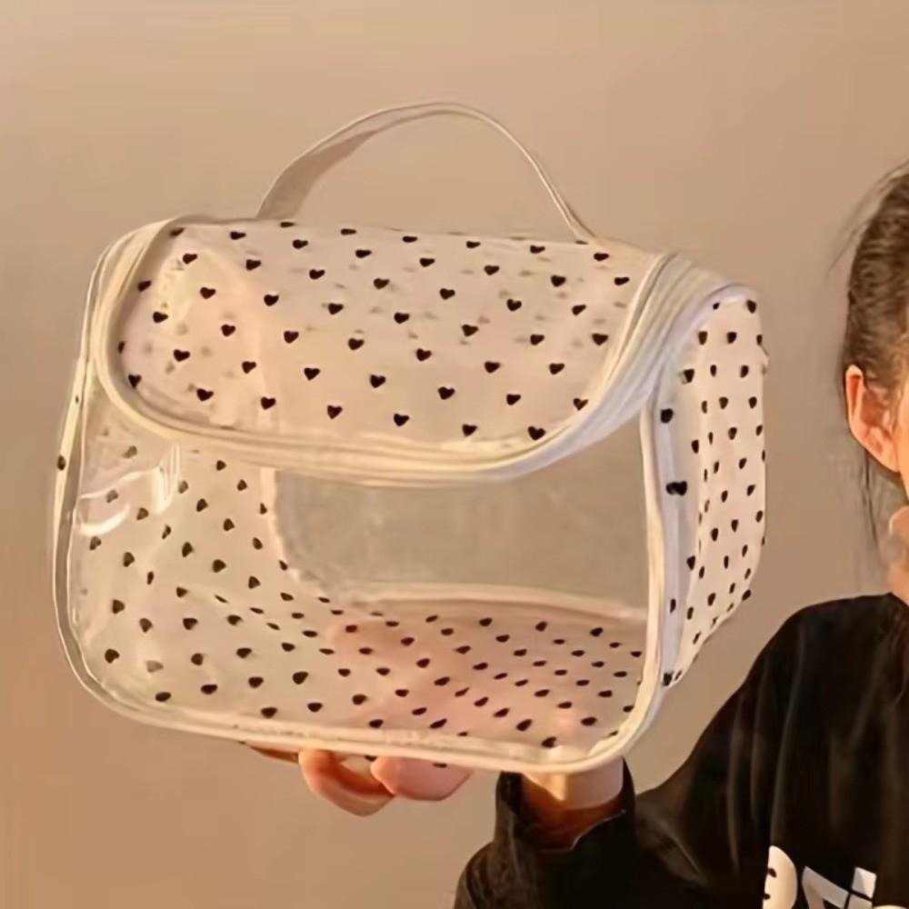Portable Large Capacity Mesh Makeup Bag Heart Pattern Zipper Toiletry Organizer Transparent Storage Bag Outdoor
