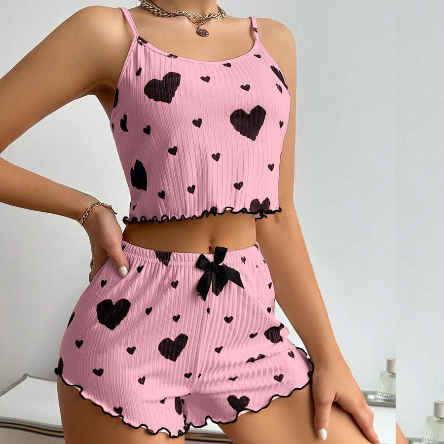 2 Pcs Women's Pajamas Set Casual Sleepwear Printed Shorts Tank Tops and Shorts White Ventilate Soft Casual Love Printing Suits