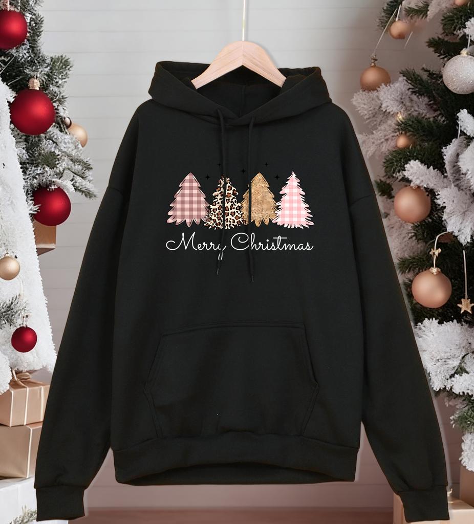 Merry Christmas Leopard Tree Printing Hoody Men Hip Hop Fleece Hoodies Casual Loose Pullovers Comfortable Pocket Sportswear