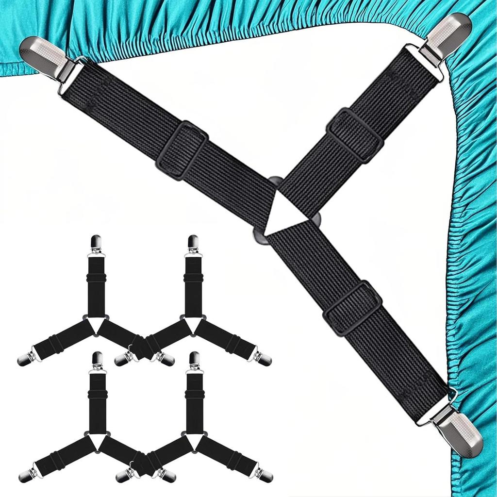4 PCS Fitted Bed Sheet Straps - Elastic Suspenders with Metal Clips for Bed Sheets, Mattress Covers, Sofa Cushions - Adjustable Fasteners To Keep