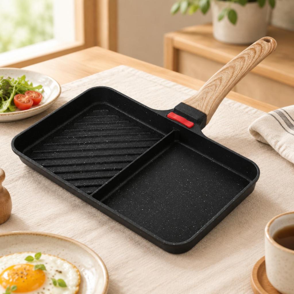 doubleSection Frying Pan Induction Compatible Rectangular Nonstick Grill