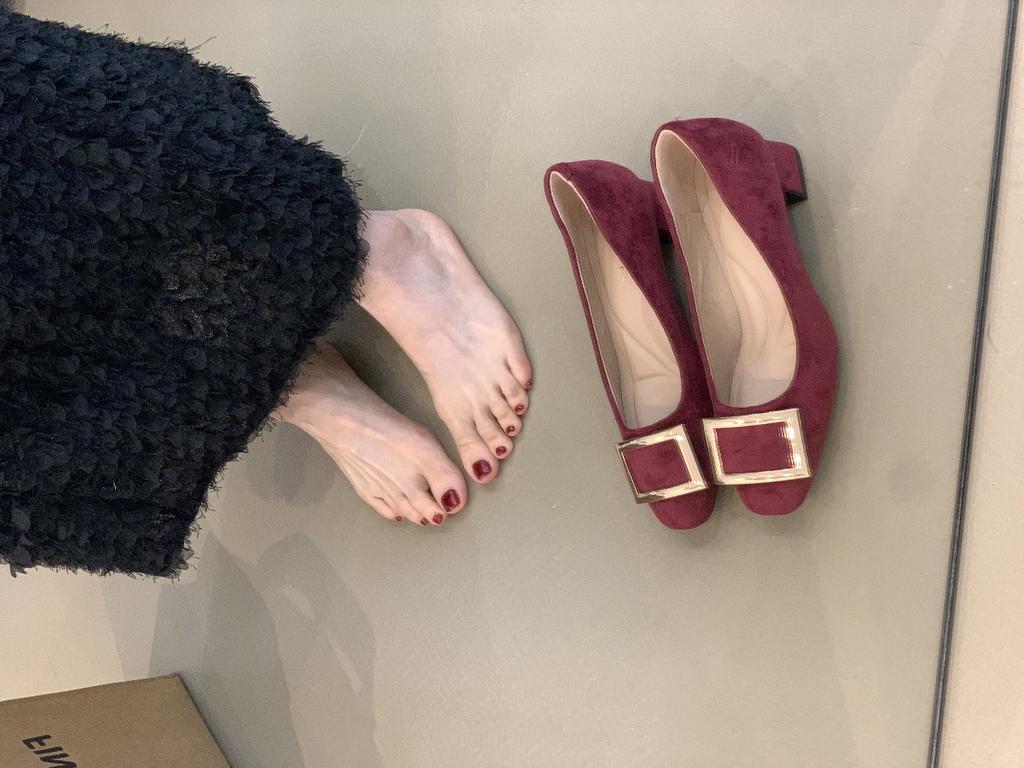 French Square Buckle High Heels Women's Shoes 2025 New Temperament Elegant Celebrity Versatile Thick Heel Commuting Light Mouth Single Shoes