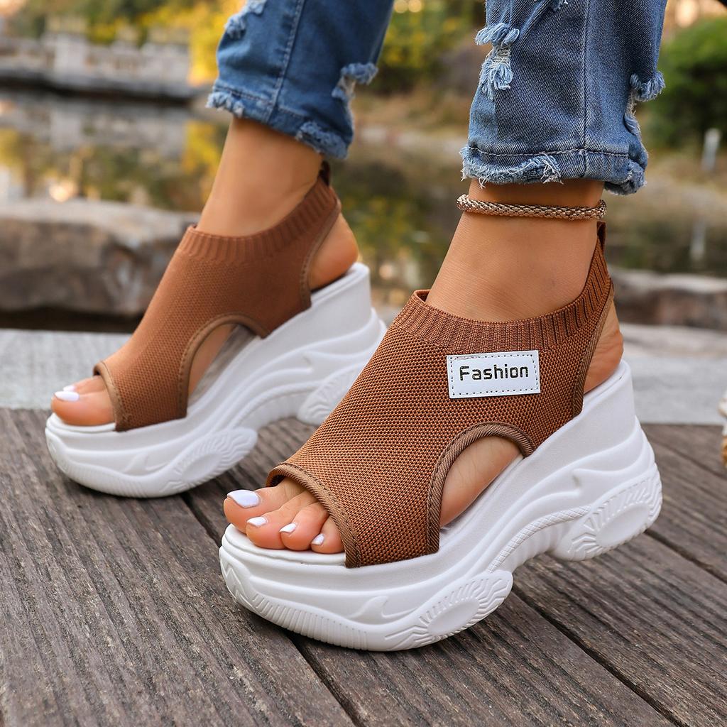 Damen Sommer Sandalen Keilabsatz Unifarben - Bequemes Atmungsaktives Obermaterial, Plateau-Keilabsatz mit Offener Zehenpartie, Stilvolle Sport-Casual Sandalen