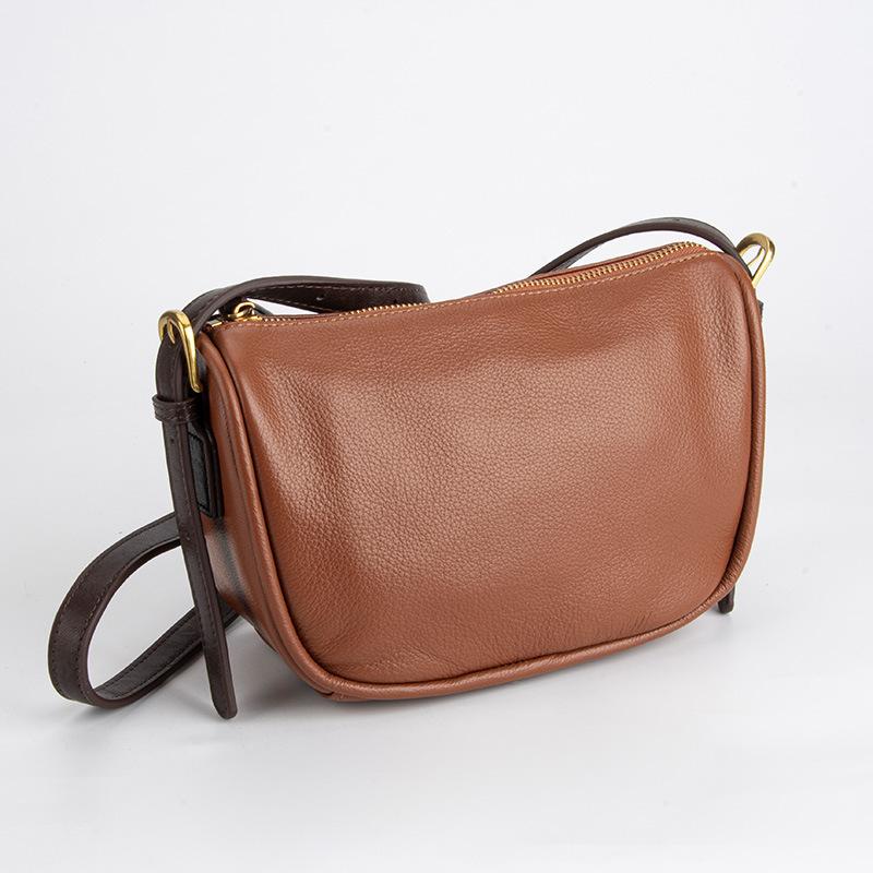 Leather Retro Single-shoulder Bag, Women's Top-grain Leather Large-capacity Zippered Crossbody Bag, Commuter Women's Pillow Bag