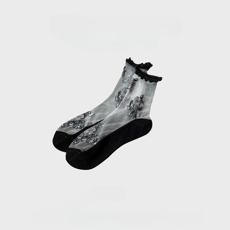 Summer New Style Thin Women's Socks Breathable Ice Silk Flower Crystal Stockings Short Sweat-absorbent Non-slip Cotton Socks Bottom Tube Socks