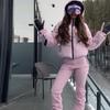 Costum de schi de iarnă pentru femei, Croială slim, Salopetă cu glugă, Set cald de schi de culoare solidă