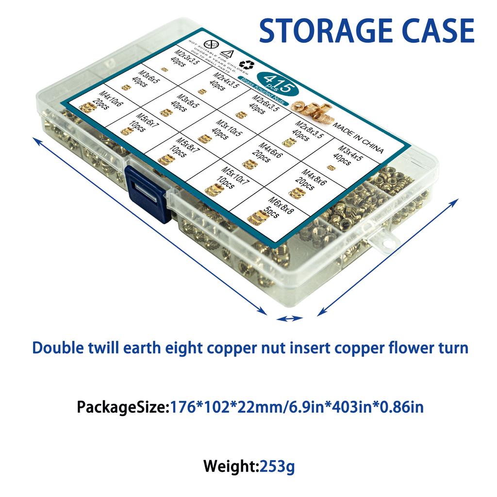 415 Stück Tuba Einlege-Heißschmelzmutter-Set M2M3-M6 Doppelköper Tuba Spritzguss-Heißschmelzmutter-Box
