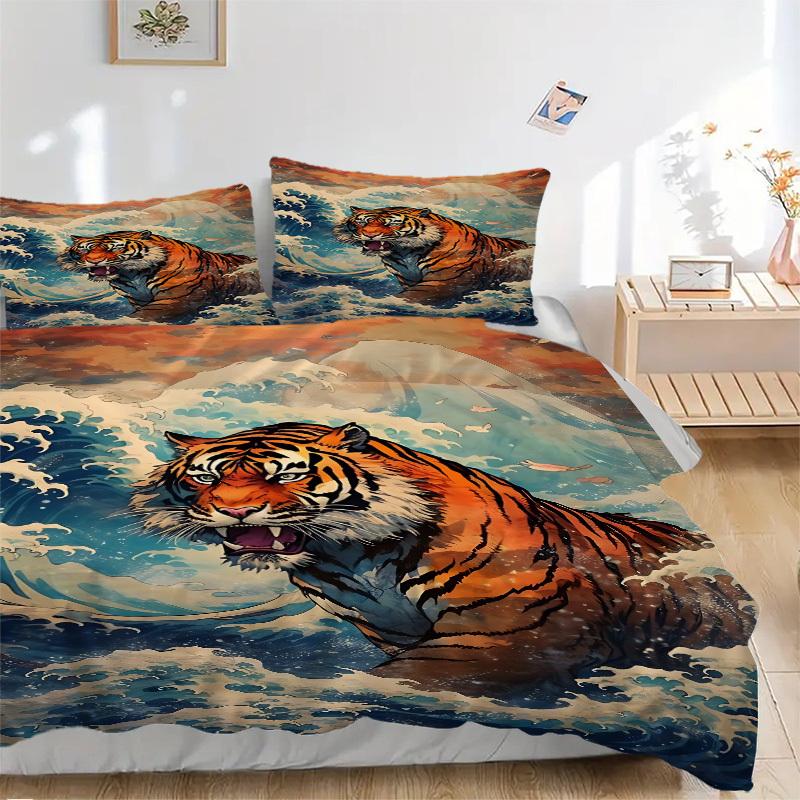 

3PCs Oceanic Tiger Art Design Cover Set, Breathable Fabric, Machine Washable (1 Duvet Cover + 2 Pillowcases) (Without Quilt) yy250911076 135x200cm