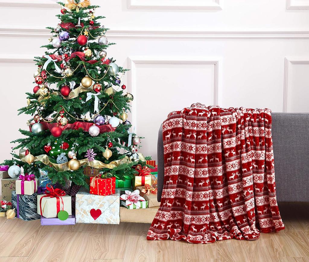 Christmas Blanket Red Reindeer Pattern Fleece Throw Holiday Decor Soft Cozy Winter Warmth Gift for Christmas Home Decoration